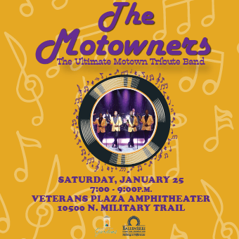 The Motowners on Saturday, January 25th at 7 p.m. at Veterans Plaza Amphitheater.