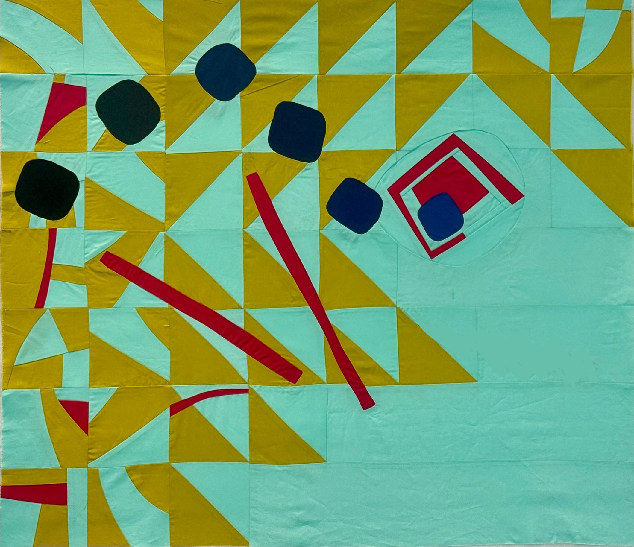 A modern quilt with a unique color palette that has a composition that goes outside the lines.