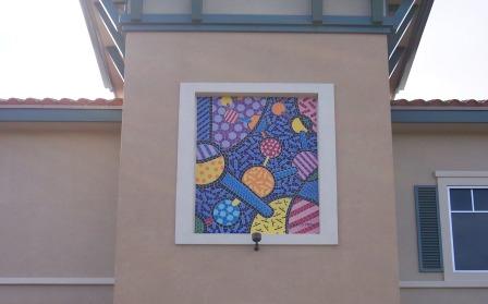 Artist's conceptual image of a molecule framed on outside of building